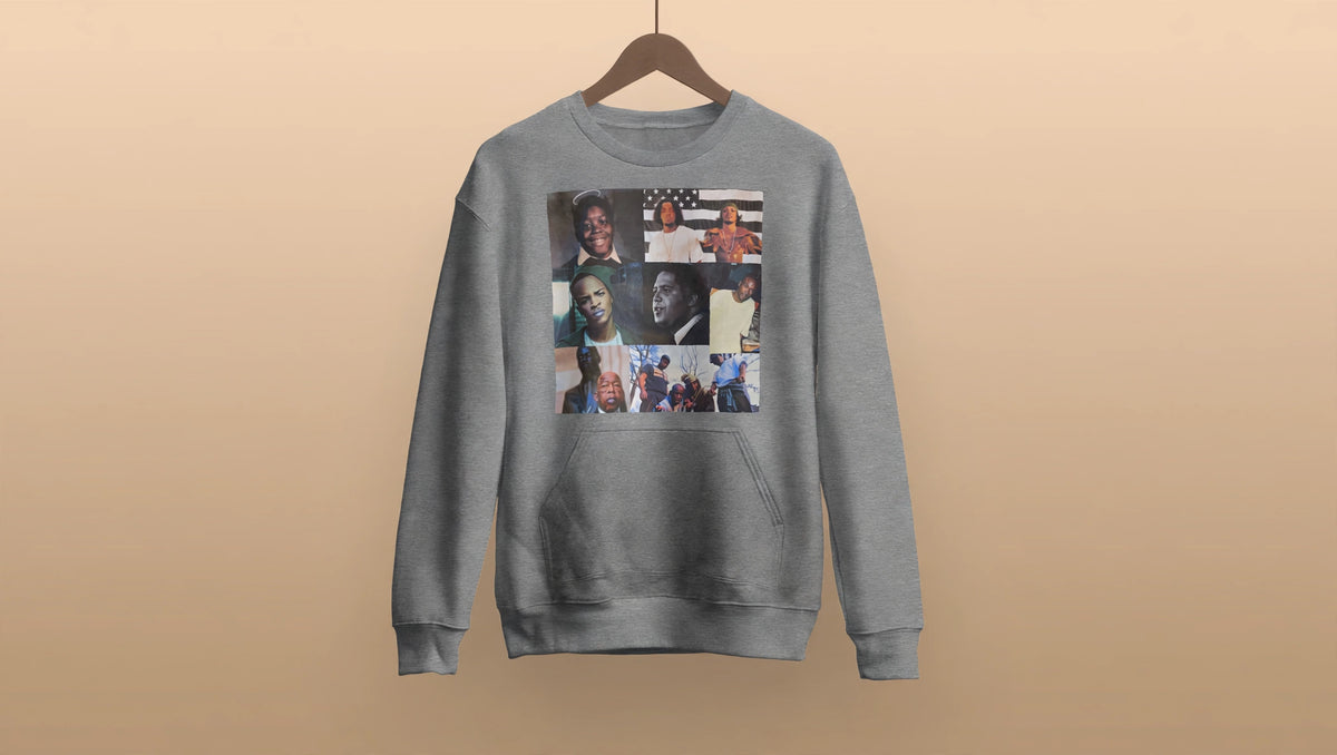 Gray ATL Architects hip hop sweatshirt with collage print, front view — mockup