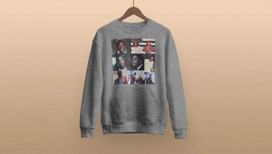 Gray ATL Architects hip hop sweatshirt with collage print, front view — mockup