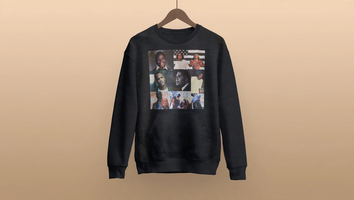 Black ATL Architects hip hop sweatshirt with collage print, front view — mockup