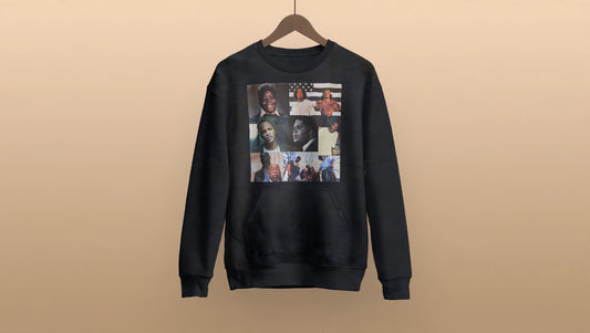 Black ATL Architects hip hop sweatshirt with collage print, front view — mockup